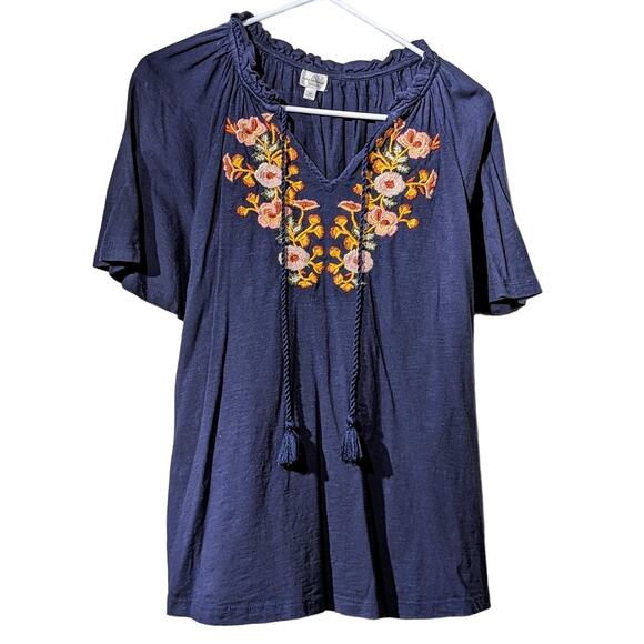 Keep in Touch Floral Embroidered Bell Sleeve Tie Ruffle Neck Top Womens Sz M - Picture 1 of 12